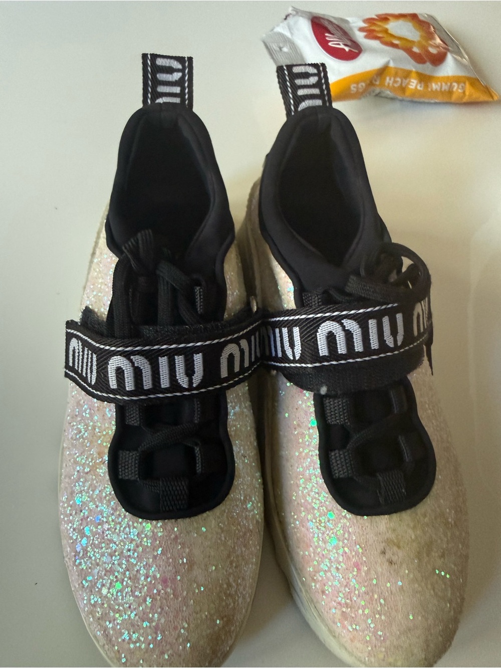 Miu Miu Kids Iridescent Glitter Slip-On Sneakers with Black Trim